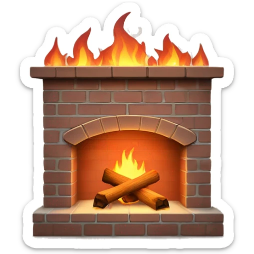 a burning fireplace made of brick or wood. There is a bright fire with soft flames in the fireplace, and you can add Christmas decor on top – fir branches, candles or socks for gifts sticker