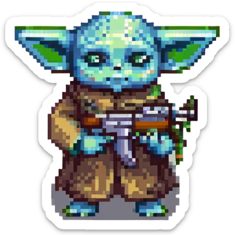 Baby Yoda holding an AK-47, pixel art style, retro video game look sticker