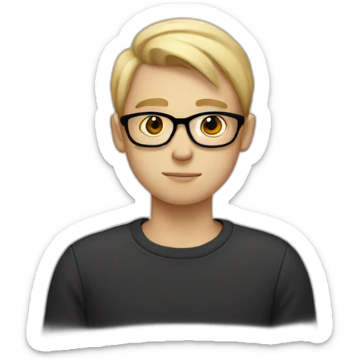 thin white teenager with blond hair.  He is cross-eyed and wears black glasses.  he has a triangular shaped head.  he is also wearing a white sweater.  he has dark eyes and a long face sticker