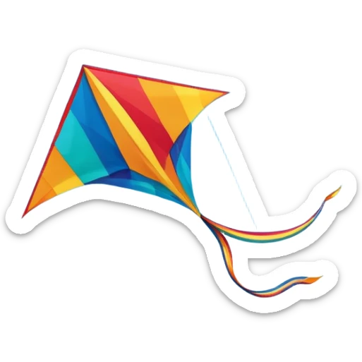 A colorful kite soaring high in the sky on a sunny day, with a long, flowing tail trailing behind. The background features an open field or beach, capturing the joy and freedom of flying kites, with gentle winds and a peaceful atmosphere. sticker