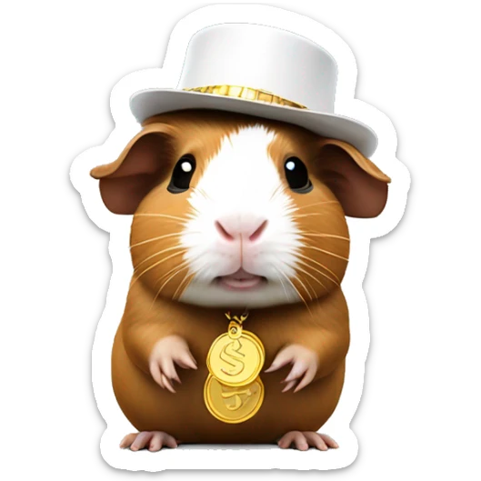 Brown and white Rapper Guinea pig with a gold money chain and swagger hat sticker