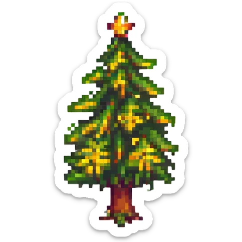 A pixel art style business card with a green background and yellow text, featuring a pixelated tree icon. sticker