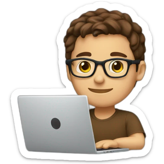 young male causcasian designer, brown hair, tortoise square eyeglasses,  working on laptop sticker