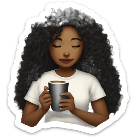 White skin color black curly hair girl inside a blanket sipping coffee şeyes closed sticker