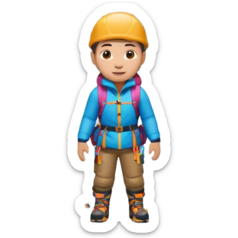 A 3D cartoon mountaineer standing on a snowy Everest-like summit with a flag, wearing colorful climbing gear, soft lighting, Memoji-style.negative : Flag sticker