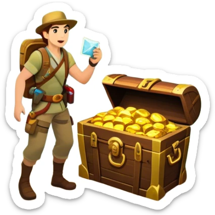 Icon for Adventure Movie: A vibrant, cinematic poster-style design featuring an action-packed scene. Include an adventurer with a map, a treasure chest, a jungle background, a towering mountain, and ancient ruins. Bright colors, bold typography, and an exciting atmosphere. Transparent background. sticker