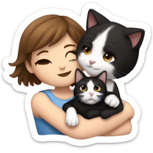 Girl with short brown hair cuddling with black and white cat sticker