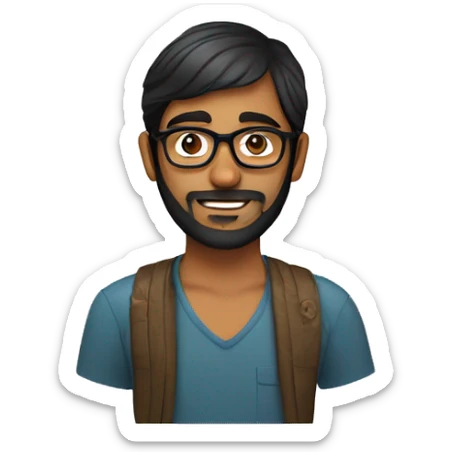 indian man in his 20s with a beard, glasses and short hair and waeringa tupi sticker