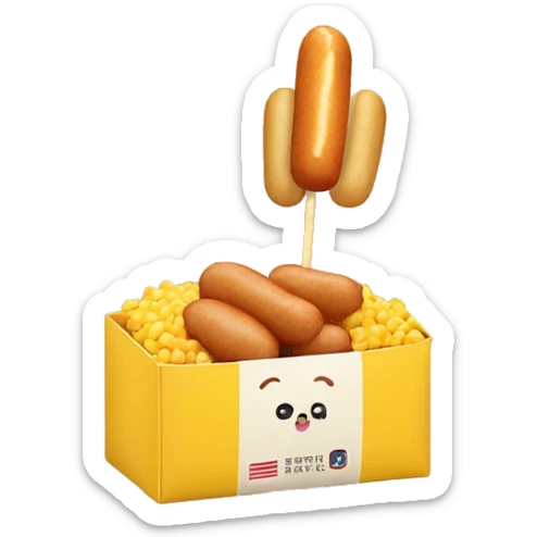 Korean corn dog with mini potatos on it and it’s in a cute little yellow box sticker