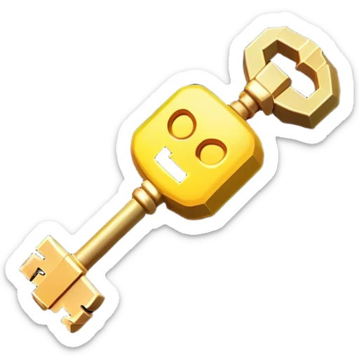 Clash of Clans aesthetic: Cinematic Playful Pixel 3D Key Emoji, rendered in a 3D vector-style similar to standard emojis with minimal shading and bold, simplified shapes. A compact, distinct form with signature details, softly glowing with a pixelated adventure charm. Simplified yet unmistakably iconic, highly detailed and consistent, glowing with a soft radiance and high shine. Stylized with a touch of classic pixel-art charm and a soft glowing outline, capturing the essence of a beloved gaming relic with a friendly, playful manner! sticker