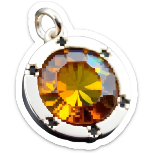 extreme close up of a round cut holographic amber charm with silver metal accent sticker