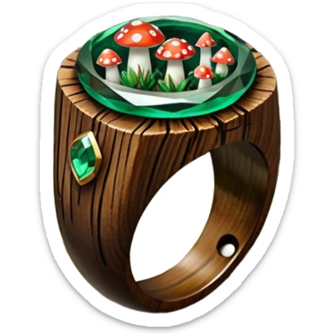 dark wood ring with epoxy resin in forest green pines and mushrooms crystal sticker