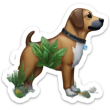A dog made of glass mirror crystals prisms glass transparent filled with plants as a terrarium with graffiti doodles sticker