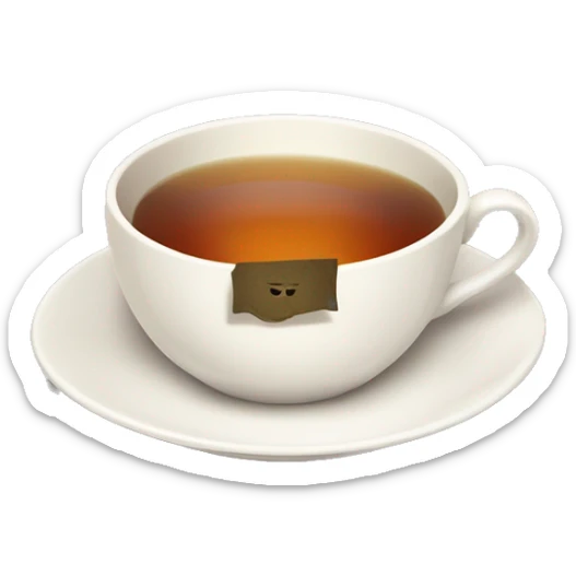 A cup of tea with a tea bag tag hanging off the side, resting on a saucer sticker