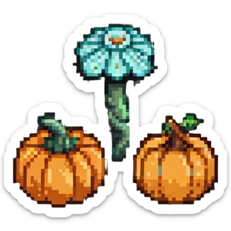 heart with a small mushroom on the left and a pumpkin on the right, vibrant colors, pixel art style sticker
