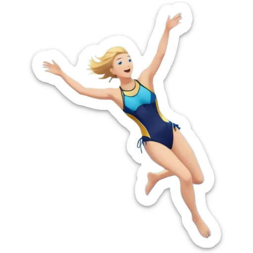 A diver mid-air, plunging from a high cliff into the sparkling ocean below. The background features rugged cliffs, clear blue water, and a bright sky, emphasizing the excitement and danger of the sport with a sense of freedom and adventure. sticker