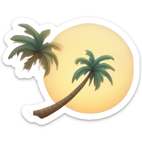Design an emoji of a tropical beach with turquoise waves, golden sand, and a small palm tree. Include a setting sun on the horizon and soft, pastel tones to create a relaxing, aesthetic vibe. sticker