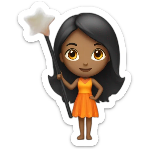 brown woman holding a orange star wand long black straight hair full length sticker
