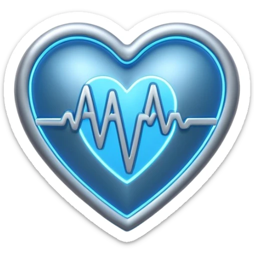 Futuristic premium medical AI logo emoji, sleek metallic heart or shield, ECG line forming stylized letters AI, neon blue and silver, 3D effect, glowing edges, minimal but bold, tech-savvy, high-tech healthcare branding, instantly recognizable, viral-ready, vector flat style with subtle shadows sticker