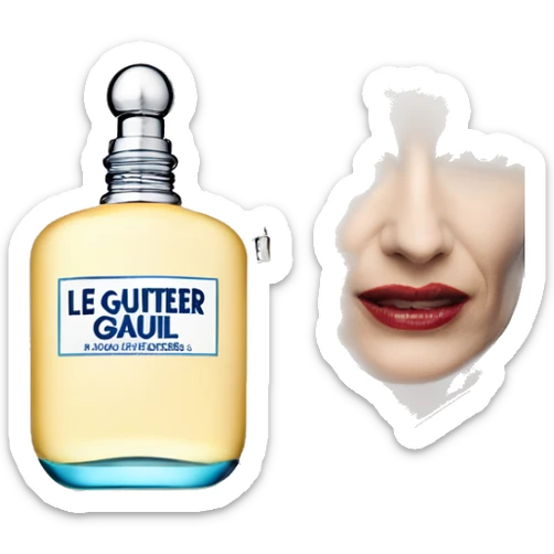 Jean Paul Gaultier Le Male eau de toilette fragrance bottle being held by a blonde woman in a suit sticker