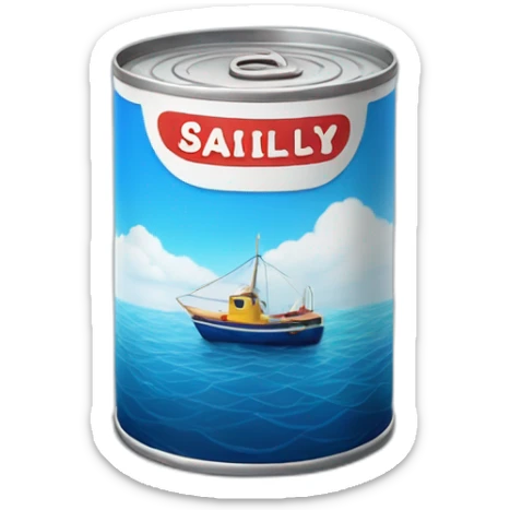 Realistic small can of tuna showing the blue shape of a sailling boat on a sea background sticker