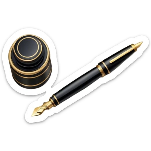 Icon for Autograph Collecting: a signature on a piece of paper with a vintage fountain pen beside it, and a collection of autographed photos or memorabilia in the background. The icon should convey the passion for collecting famous signatures. Transparent background. sticker