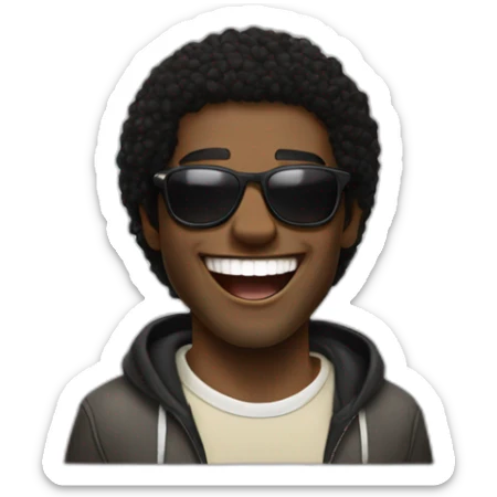 dark-skinned man, with black hair and brown eyes, dressed in skater style vans, wearing Osacruz sunglasses, is laughing. sticker