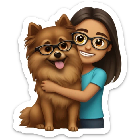 Hispanic girl with long Brown hair with glasses hugging  brown Pomeranian  sticker