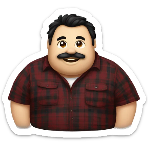 Fat man wearing a darkred and black plaid flannel shirt profile picture, happy, black hair sticker