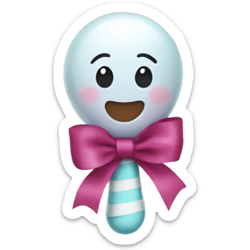 Baby rattle toy with a ribbon wrapped around the middle with no facial features present.  sticker