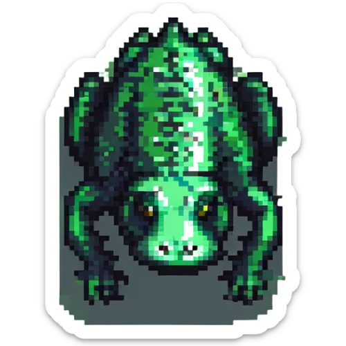 black caiman, pixel art style, low-res, blocky, green-black color palette sticker