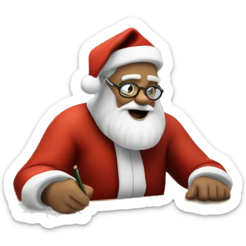Father Christmas is sitting on a desk, writing something down on a sheet of paper, solving complicated math puzzles  sticker