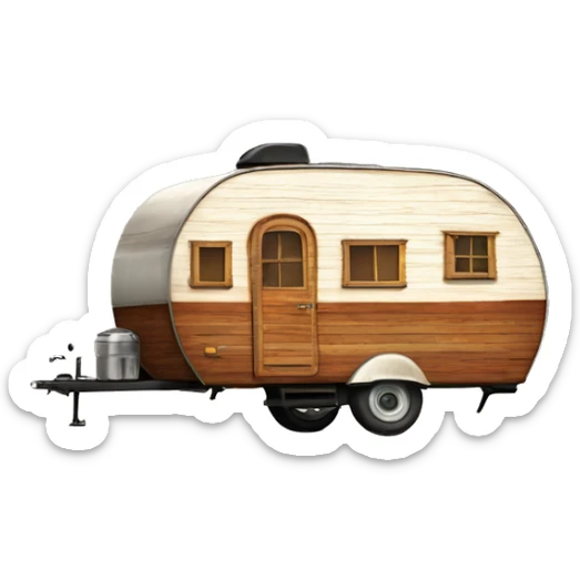 Realistic angle view vintage round wooden gypsy travel trailer isolated.  sticker