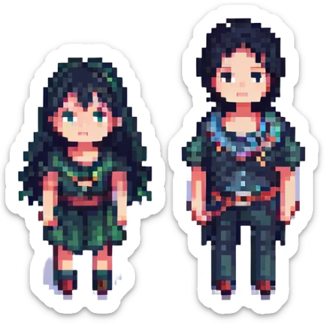 two kids, a boy and a girl, both with black hair, pixel art style sticker