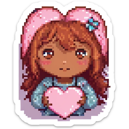 pixel art of a pink heart with a girl with red hair, brown eyes, brown skin peeking from behind the heart sticker