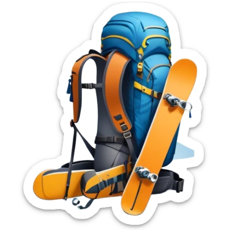 Icon for Mountain Tourism: a snow-covered peak in the distance, with skis, a snowboard, climbing gear, a backpack, and a camera. The icon should represent the adventure and exploration of mountain landscapes. Transparent background. sticker