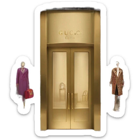“Gucci store exterior with gold logo above entrance, large glass windows displaying luxury fashion, and elegant double doors.” sticker
