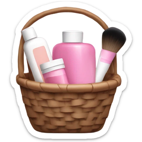 little brown basket with pink and white beauty products inside like shampoos and make up sticker
