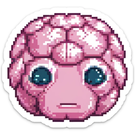 16-bit pixel art of a pink brain-shaped blob with sad droopy eyes and downturned mouth, smooth rounded brain texture, simple retro gaming style sticker