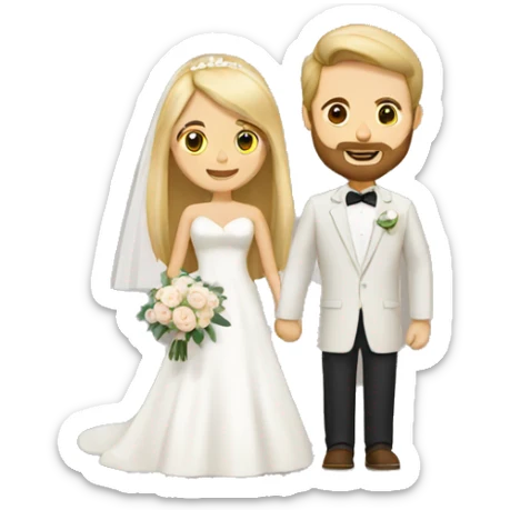 Tan woman with blonde hair and white man with brown long hair and beard getting married sticker