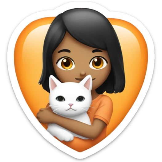 Make an emoji sticker of a girl with black hair and brown eyes hugging a cat that’s white and orange tabby sticker