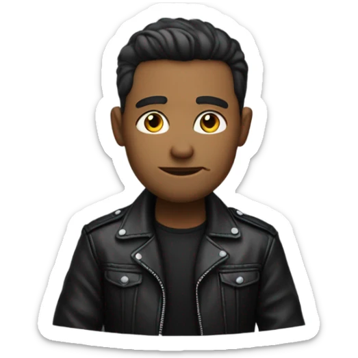 I want an emoji of a man wearing a black leather jacket and sitting at his desk. The face and eyes have to be looking up, as if they were looking at the sky. sticker