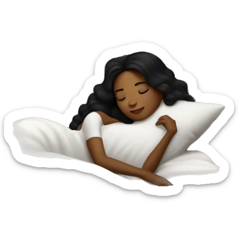 Sleeping woman laying with light brown skin and black hair laying on white pillow in large bed with black covers cozy sticker