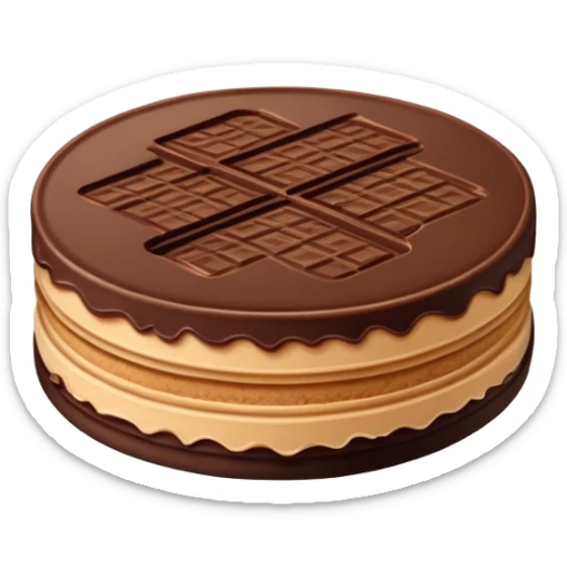 round chocolate wafer covered in chocolate with peanut butter cream filling sticker