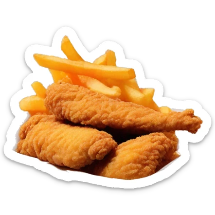 3 chicken tenders with crinkle fries and orange sauce on the side in a styrofoam container styrofoam container sticker