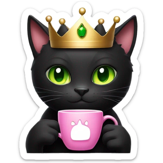 Black Cat with green eyes with crown on it’s head holding cup of coffe with it’s paw with pink nails sticker