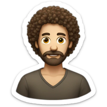 a man with frizzy hair, bushy beard, and crooked nose sticker