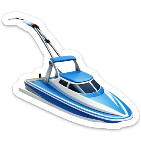 humanless icon showing water skis on the surface of the water, with ski ropes trailing behind. In the background, a boat fades into the distance, leaving a wake. The focus is on the skis gliding across the water. Transparent background highlights the thrill and speed of water skiing. sticker