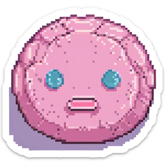 16-bit pixel art of a pink frowny face smooth rounded blob, simple retro gaming style sticker
