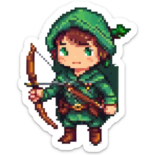 Robin Hood, classic English folk hero, green outfit and bow, pixel art style sticker